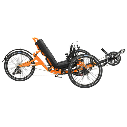 Side view of the Catrike Trail Recumbent trike in Atomic Orange.