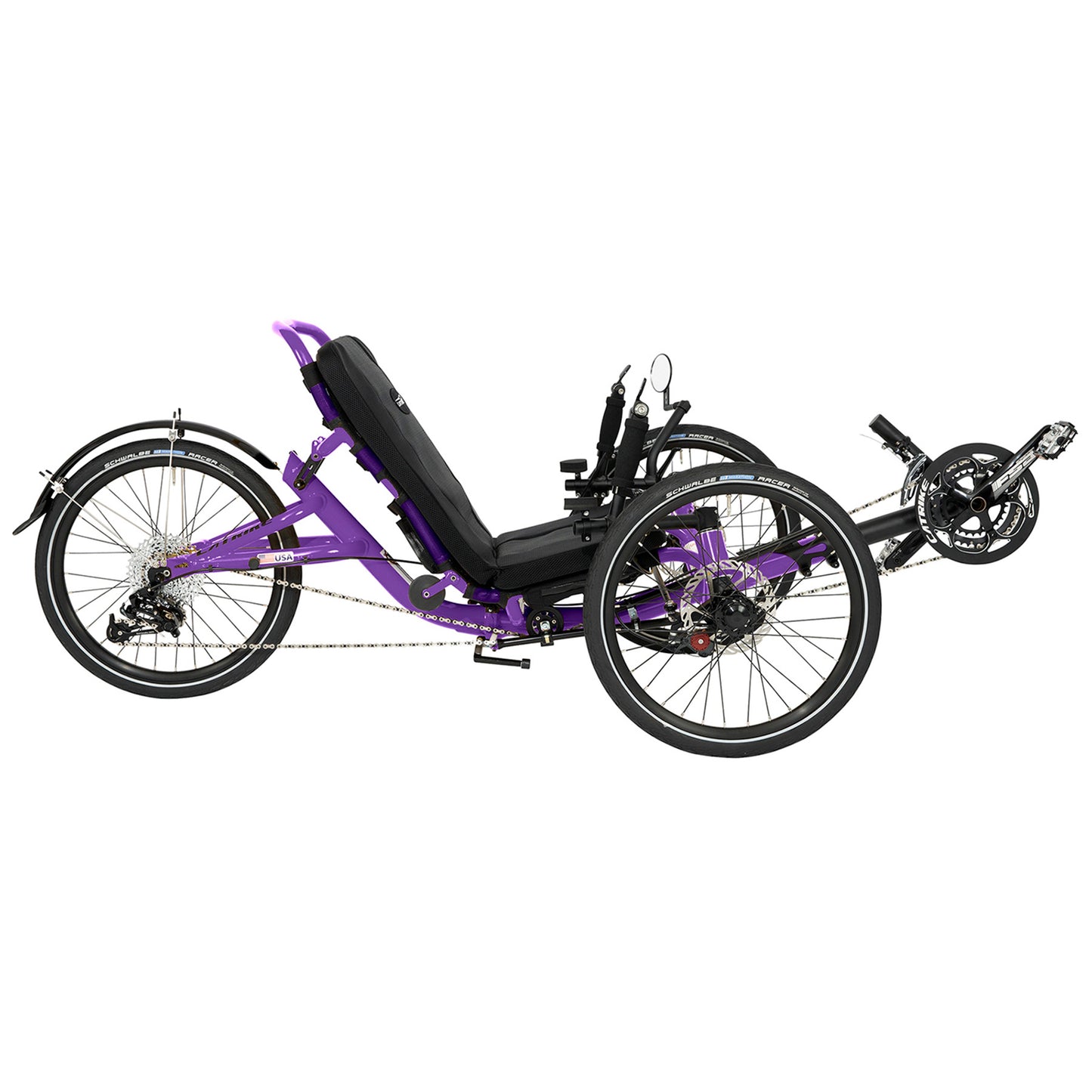 Side view of the Catrike Trail Recumbent trike in Candy Purple.