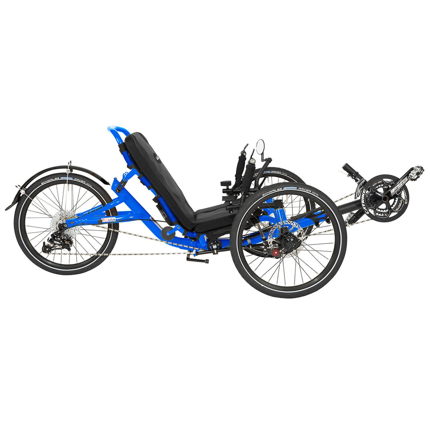 Side view of the Catrike Trail Recumbent trike in Electric Blue.