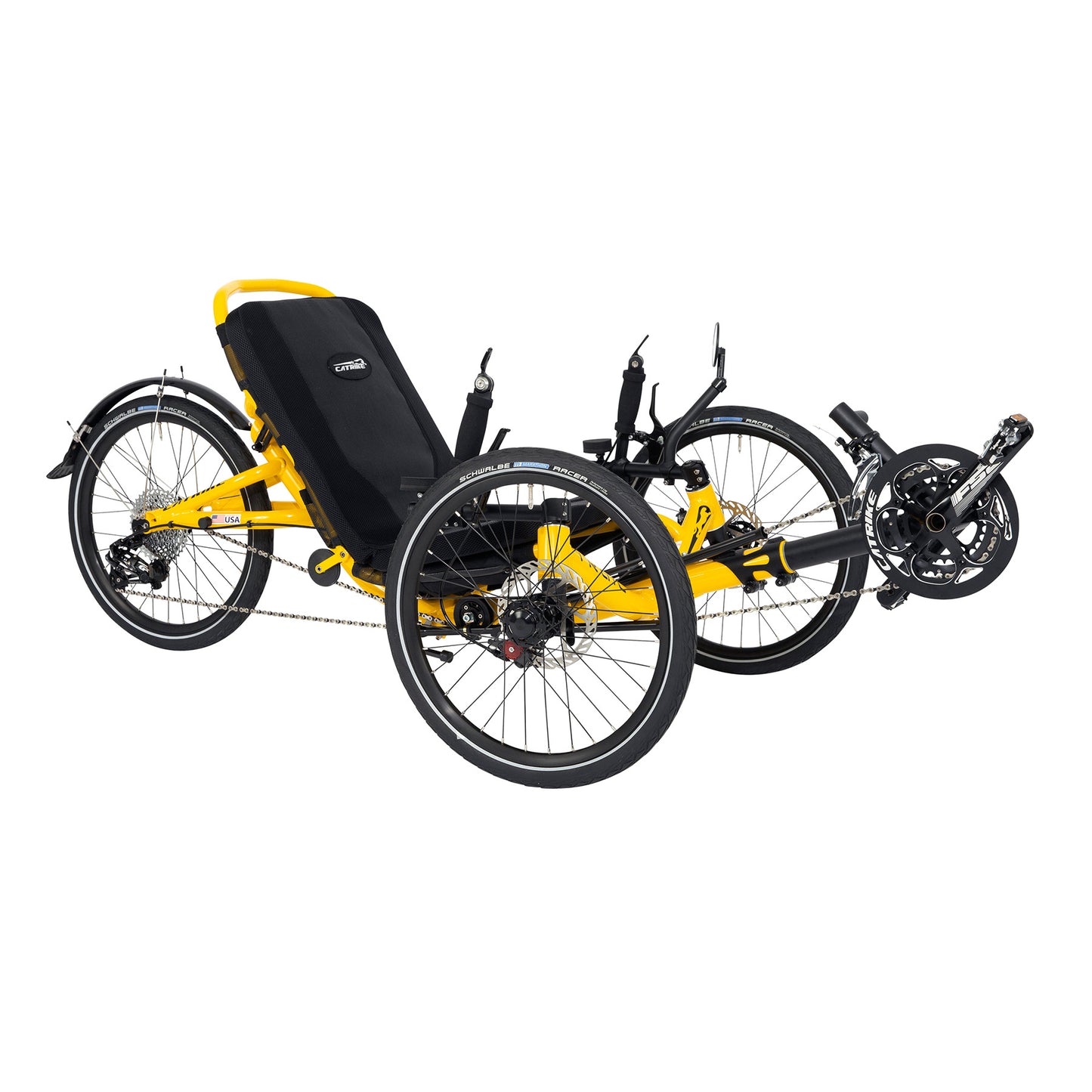 Front angled view of the Catrike Trail Recumbent trike in Firefly Yellow.