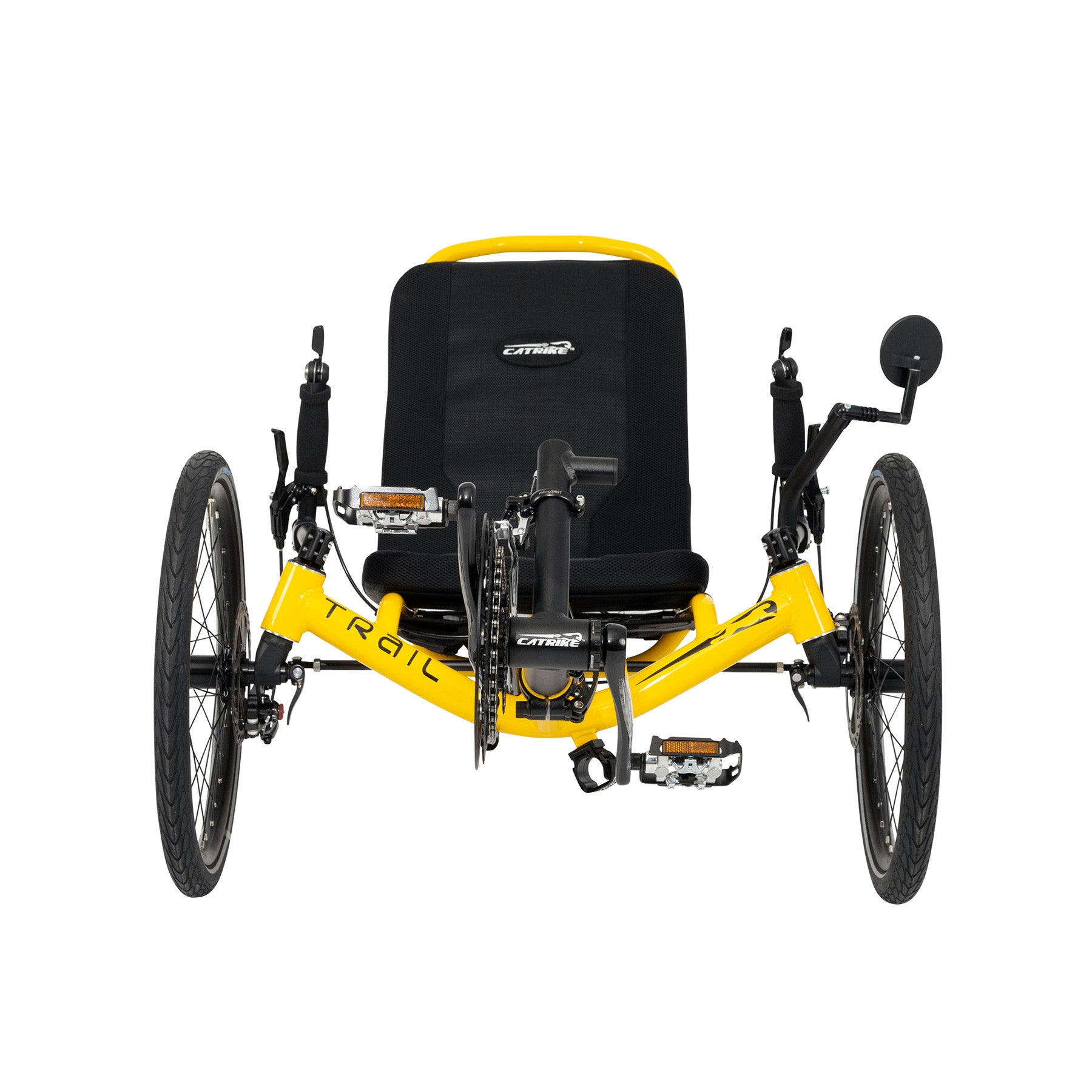 Front view of the Catrike Trail Recumbent trike in Firefly Yellow.