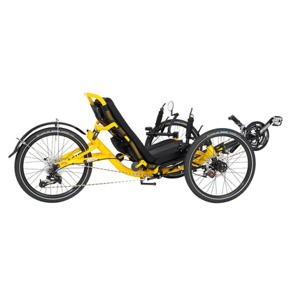 Rear angled view of the Catrike Trail Recumbent trike in Firefly Yellow.