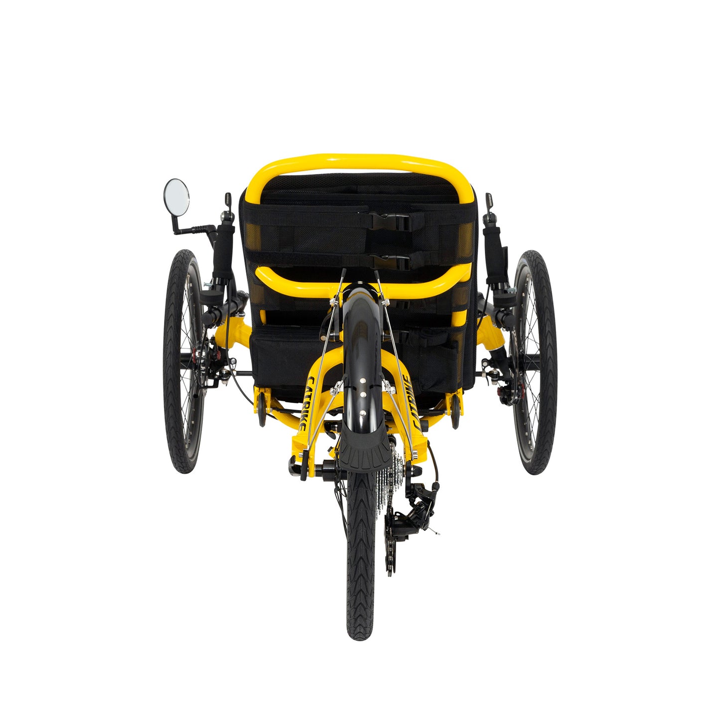 Front view of the Catrike Trail Recumbent trike in Firefly Yellow.