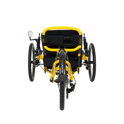 Front view of the Catrike Trail Recumbent trike in Firefly Yellow.
