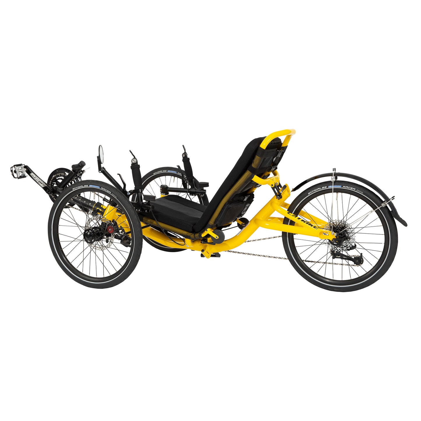 Non-drive-side angled view of the Catrike Trail Recumbent trike in Firefly Yellow.