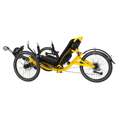 Non-drive-side angled view of the Catrike Trail Recumbent trike in Firefly Yellow.