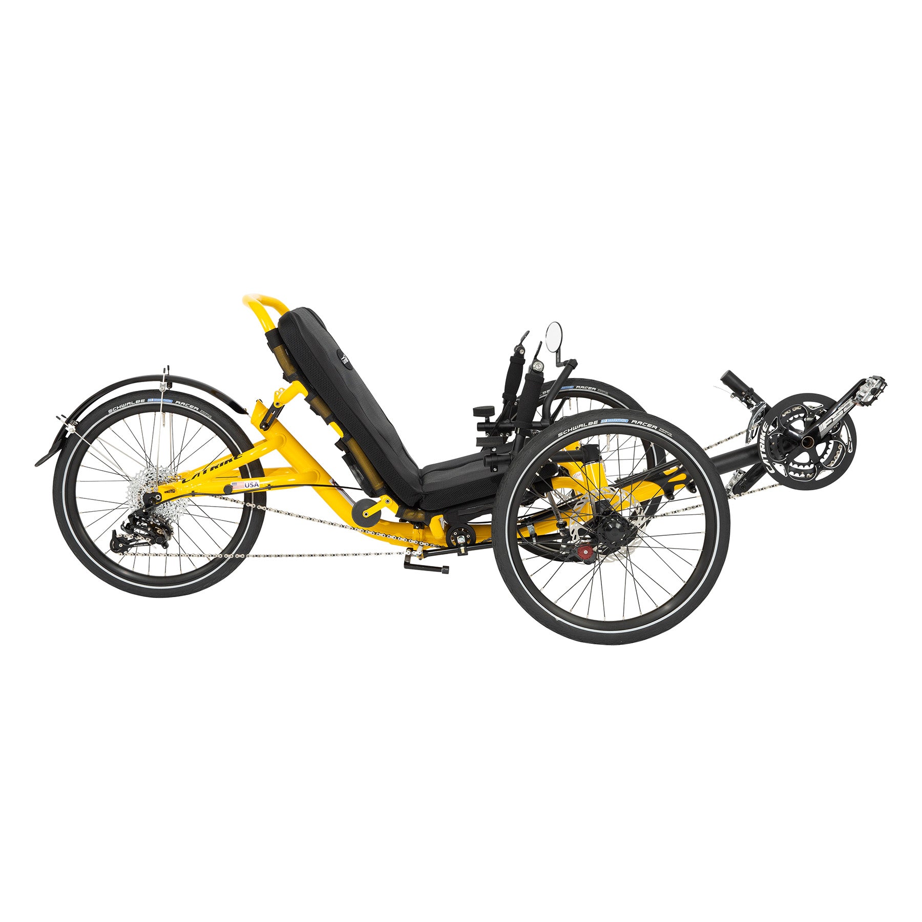Side view of the Catrike Trail Recumbent trike in Firefly Yellow.