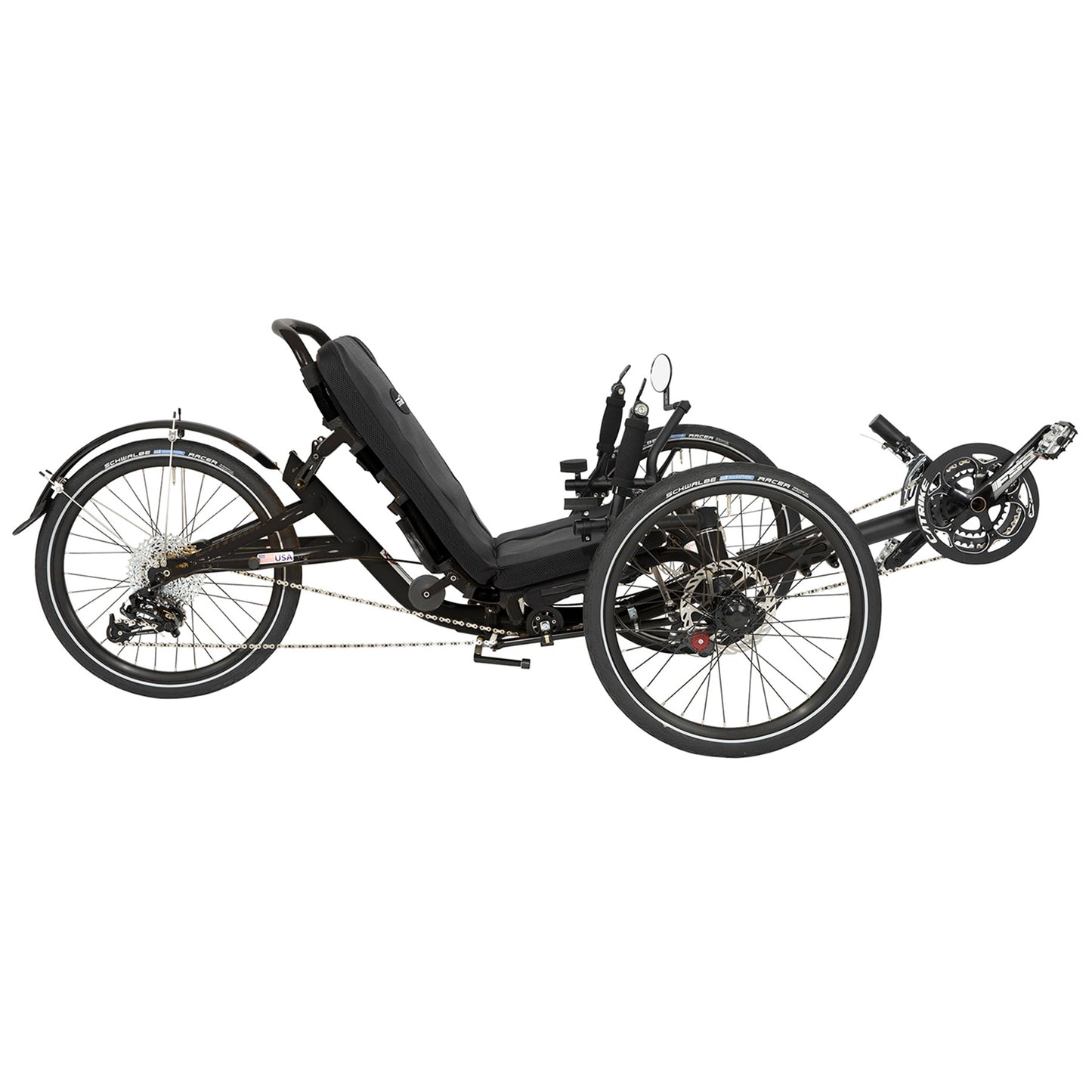 Side view of the Catrike Trail Recumbent trike in Liquid Black.