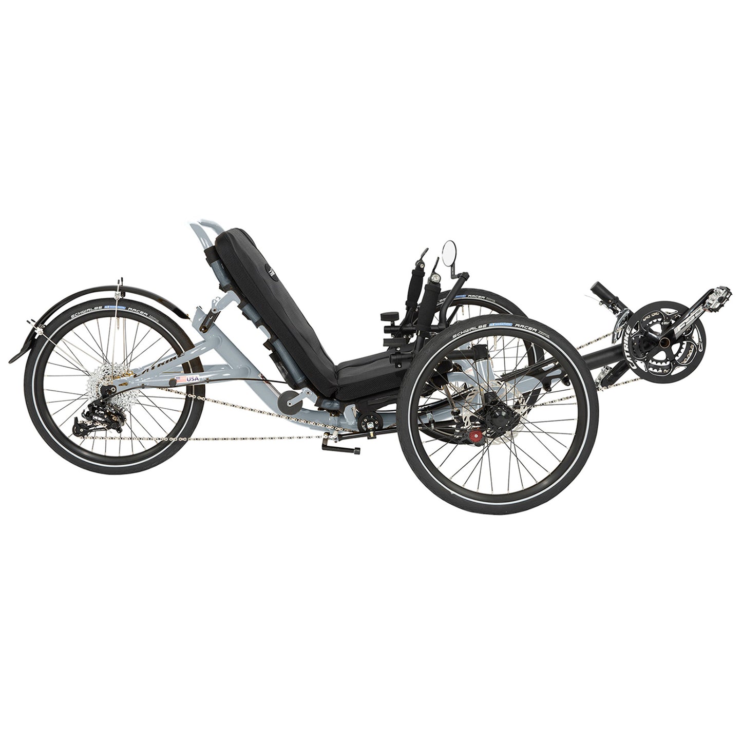 Side view of the Catrike Trail Recumbent trike in Moon Rock Silver.