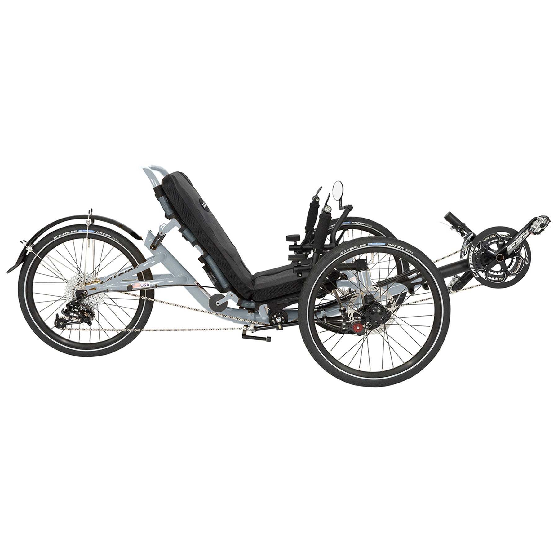 Side view of the Catrike Trail Recumbent trike in Moon Rock Silver.