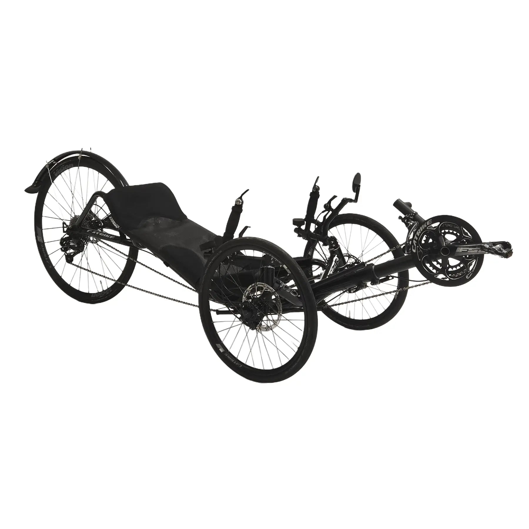 Angled side view of the Catrike Used 700 Black Recumbent Trike against a white background.