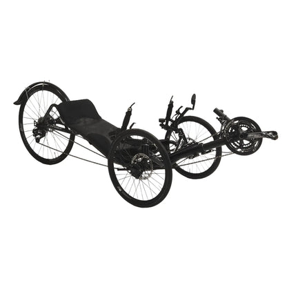 Angled side view of the Catrike Used 700 Black Recumbent Trike against a white background.