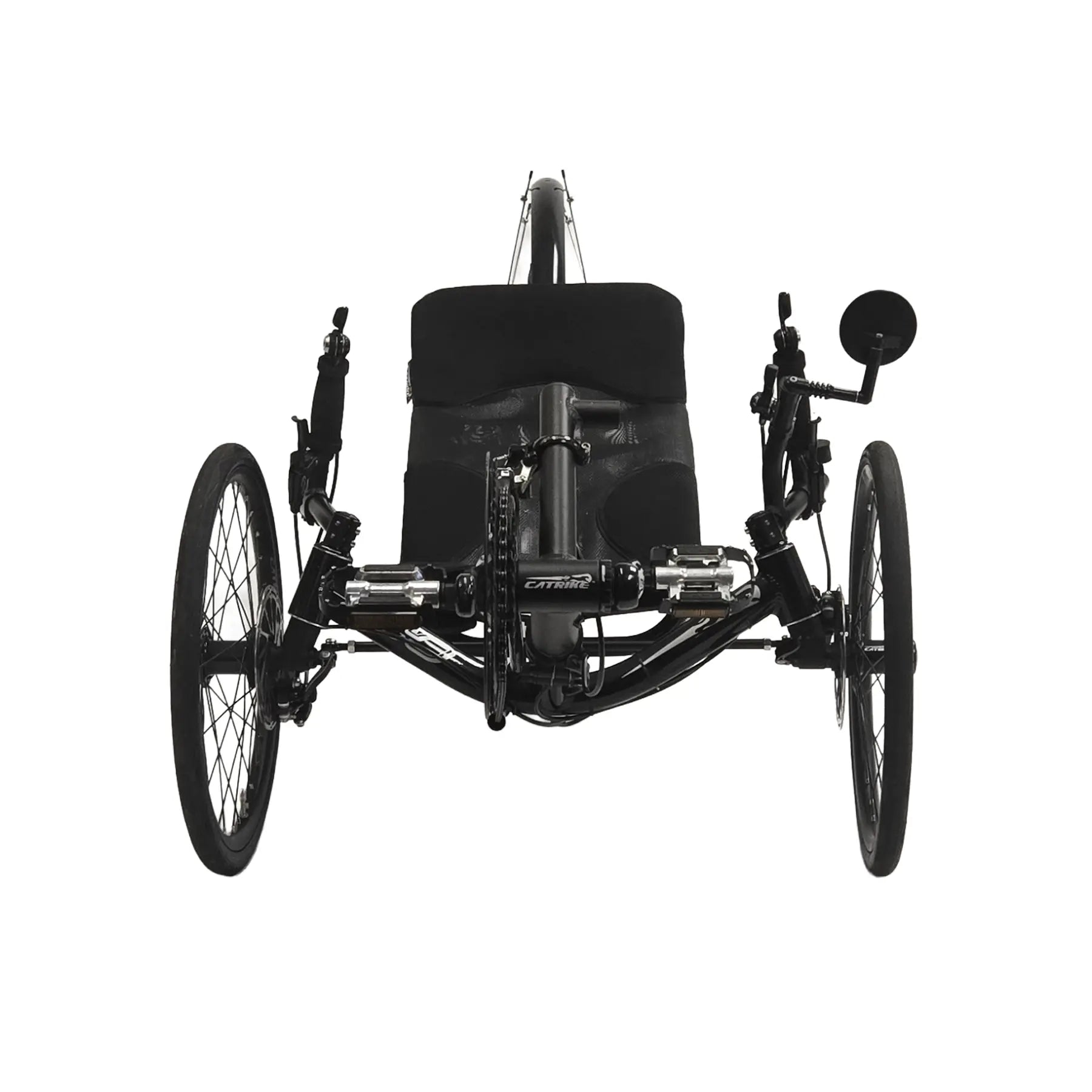 Front view of the Catrike Used 700 Black Recumbent Trike against a white background.
