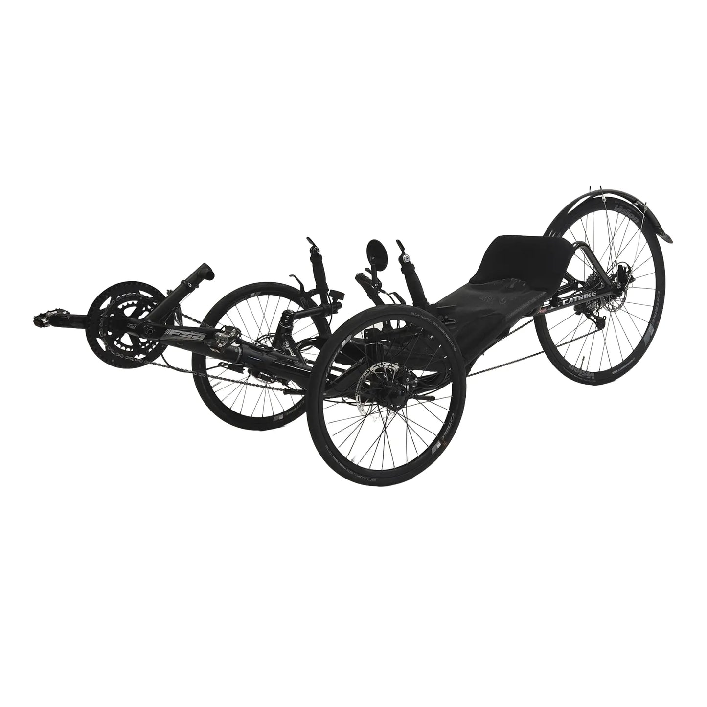 Angled non-drive side view of the Catrike Used 700 Black Recumbent Trike against a white background.