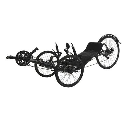 Angled non-drive side view of the Catrike Used 700 Black Recumbent Trike against a white background.