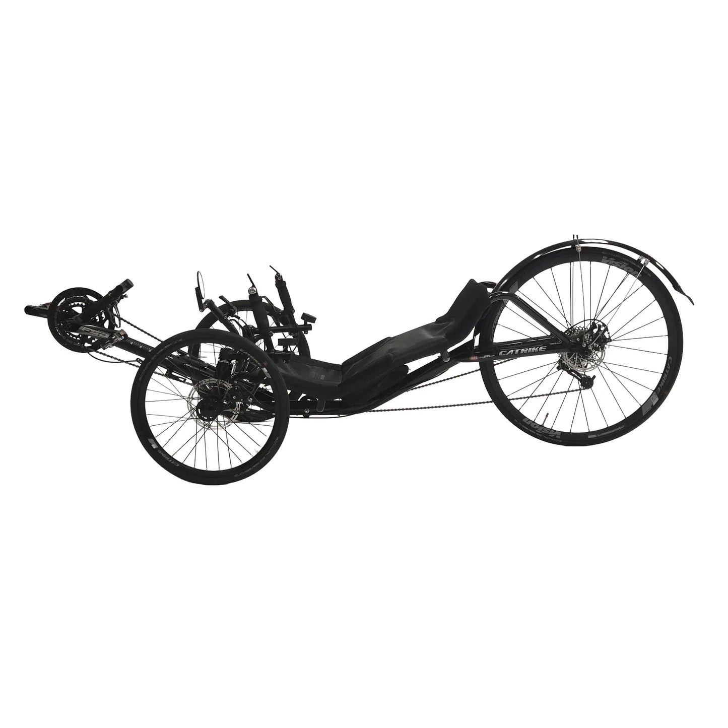 Non-drive side view of the Catrike Used 700 Black Recumbent Trike against a white background.