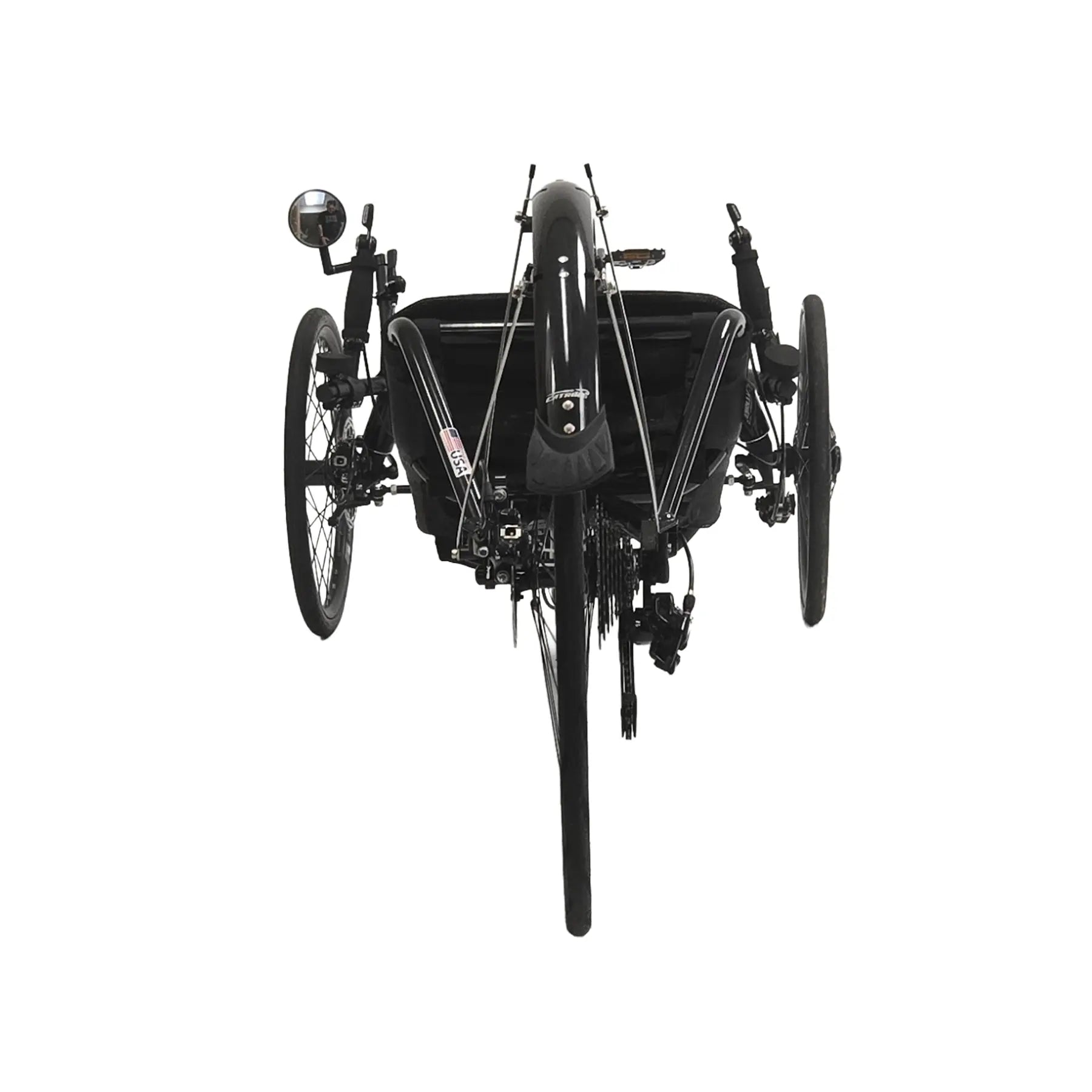 Rear view of the Catrike Used 700 Black Recumbent Trike against a white background.