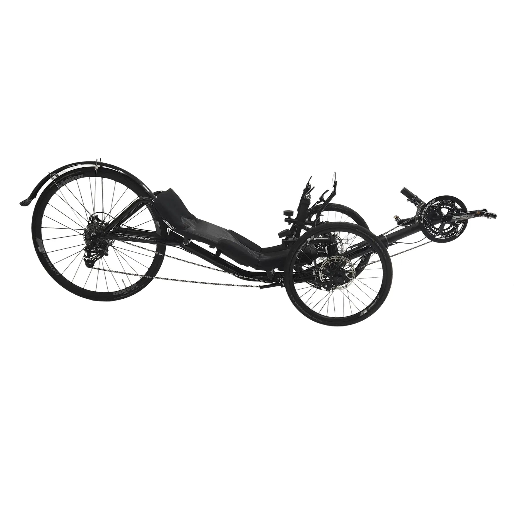 Side view of the Catrike Used 700 Black Recumbent Trike against a white background.