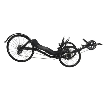 Side view of the Catrike Used 700 Black Recumbent Trike against a white background.