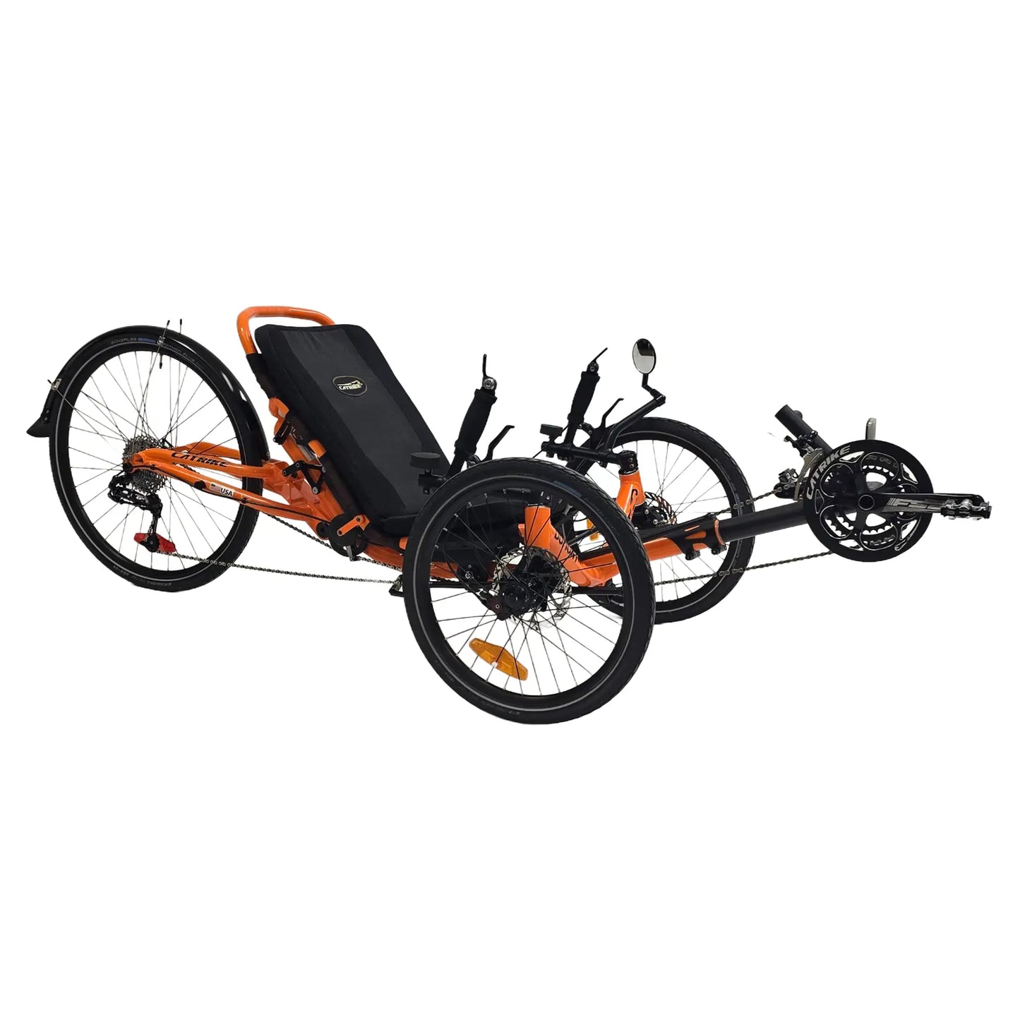 Angled side view of the Catrike Used Dumont Atomic Orange Recumbent Trike against a white background.