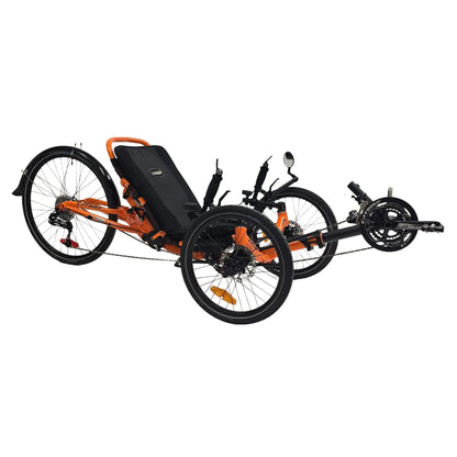 Angled side view of the Catrike Used Dumont Atomic Orange Recumbent Trike against a white background.