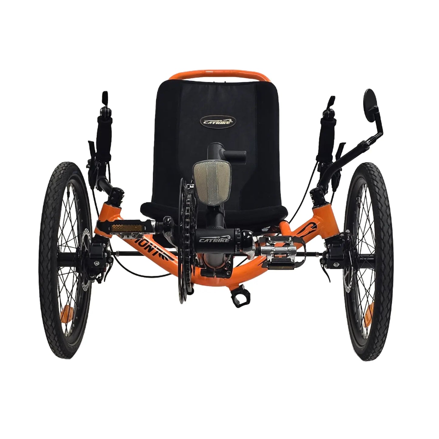 Front view of the Catrike Used Dumont Atomic Orange Recumbent Trike against a white background.