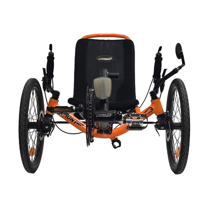 Front view of the Catrike Used Dumont Atomic Orange Recumbent Trike against a white background.