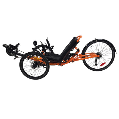 Non-drive side view of the Catrike Used Dumont Atomic Orange Recumbent Trike against a white background.