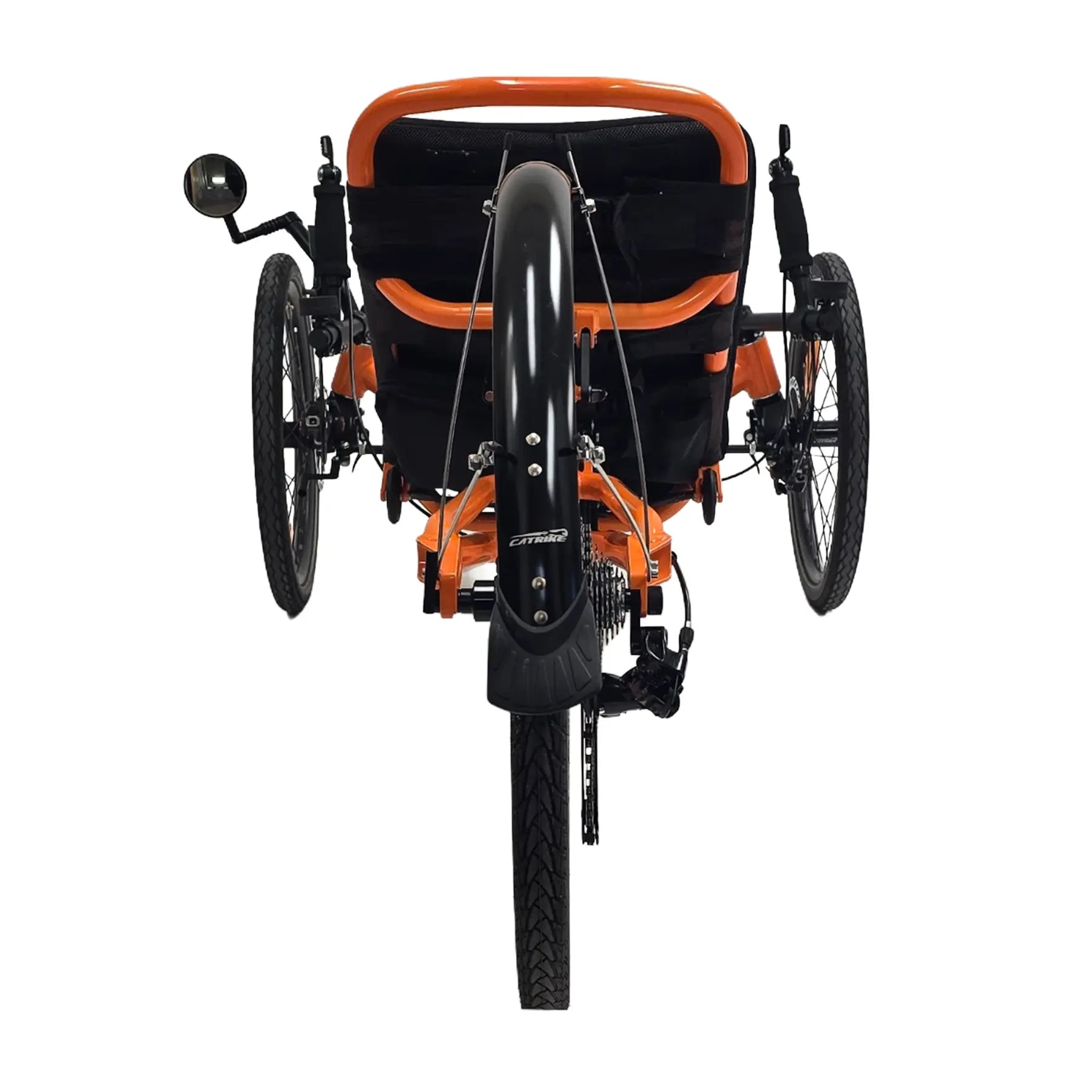 Rear view of the Catrike Used Dumont Atomic Orange Recumbent Trike against a white background.