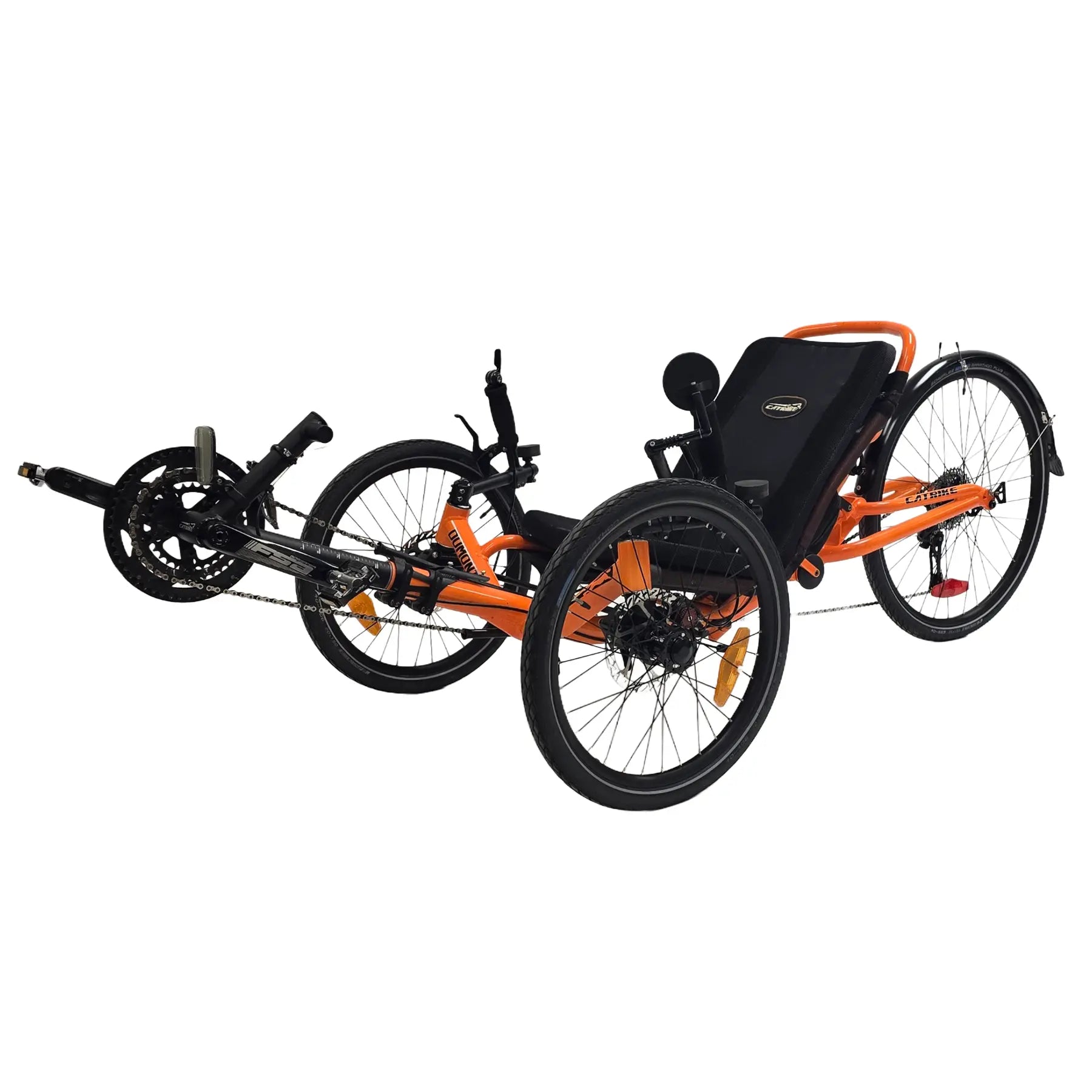 Angled non-drive side view of the Catrike Used Dumont Atomic Orange Recumbent Trike against a white background.