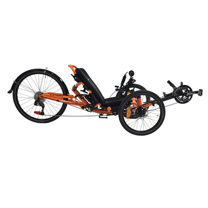 Side view of the Catrike Used Dumont Atomic Orange Recumbent Trike against a white background.