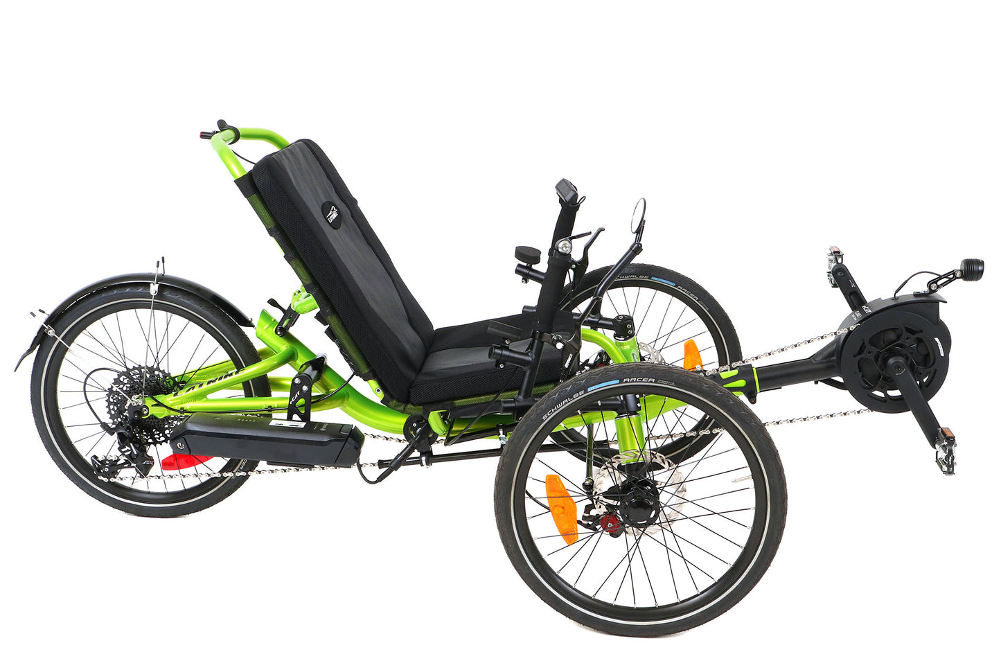 Green and black recumbent trike on a white background