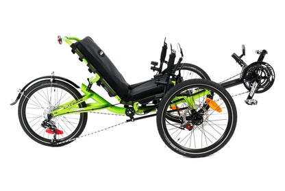 Green and black recumbent trike on a white background