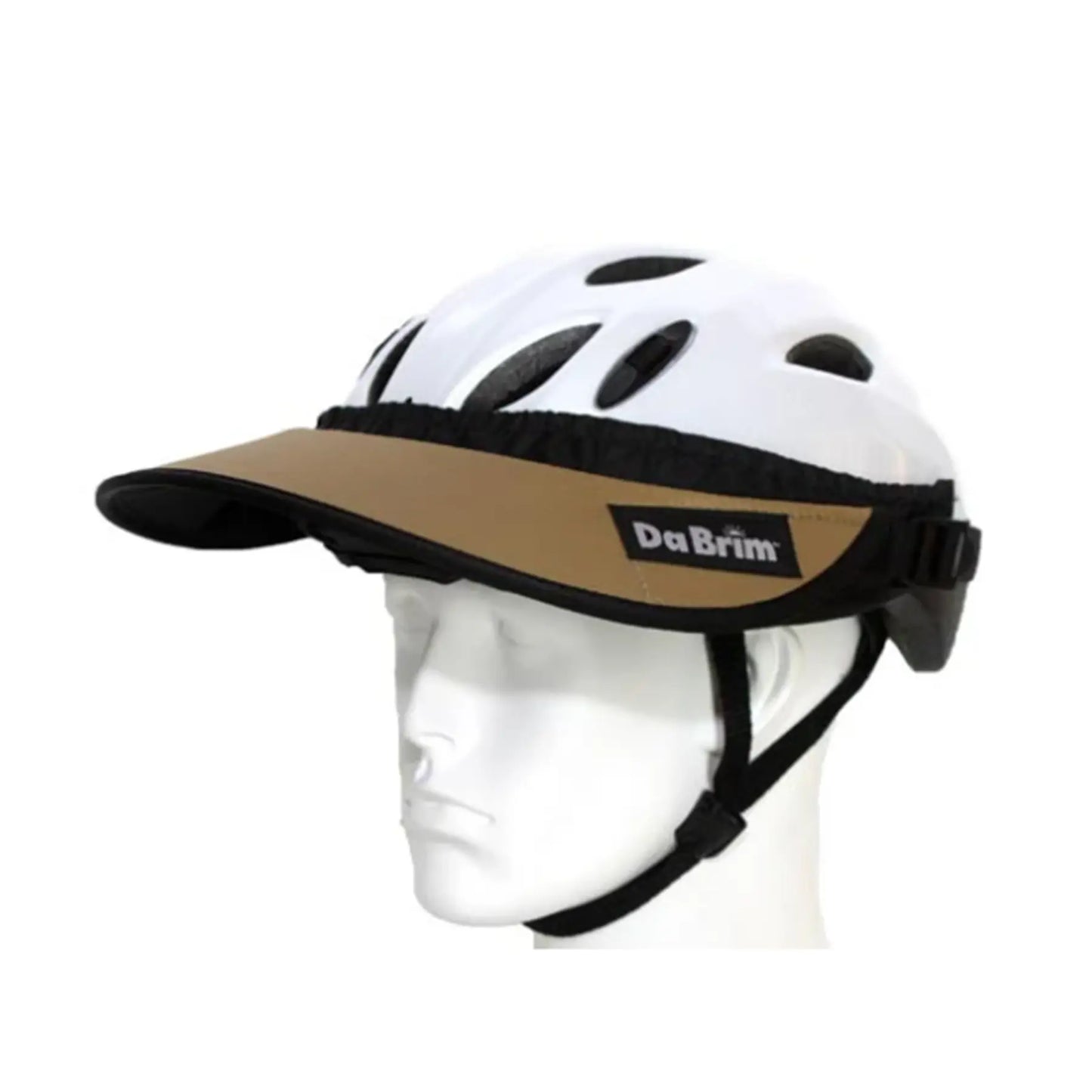Image of a DaBrim Rezzo Helmet 3.5 inch Visor 2 Piece Set in tan on a white helmet on a white mannequin head against a white background.