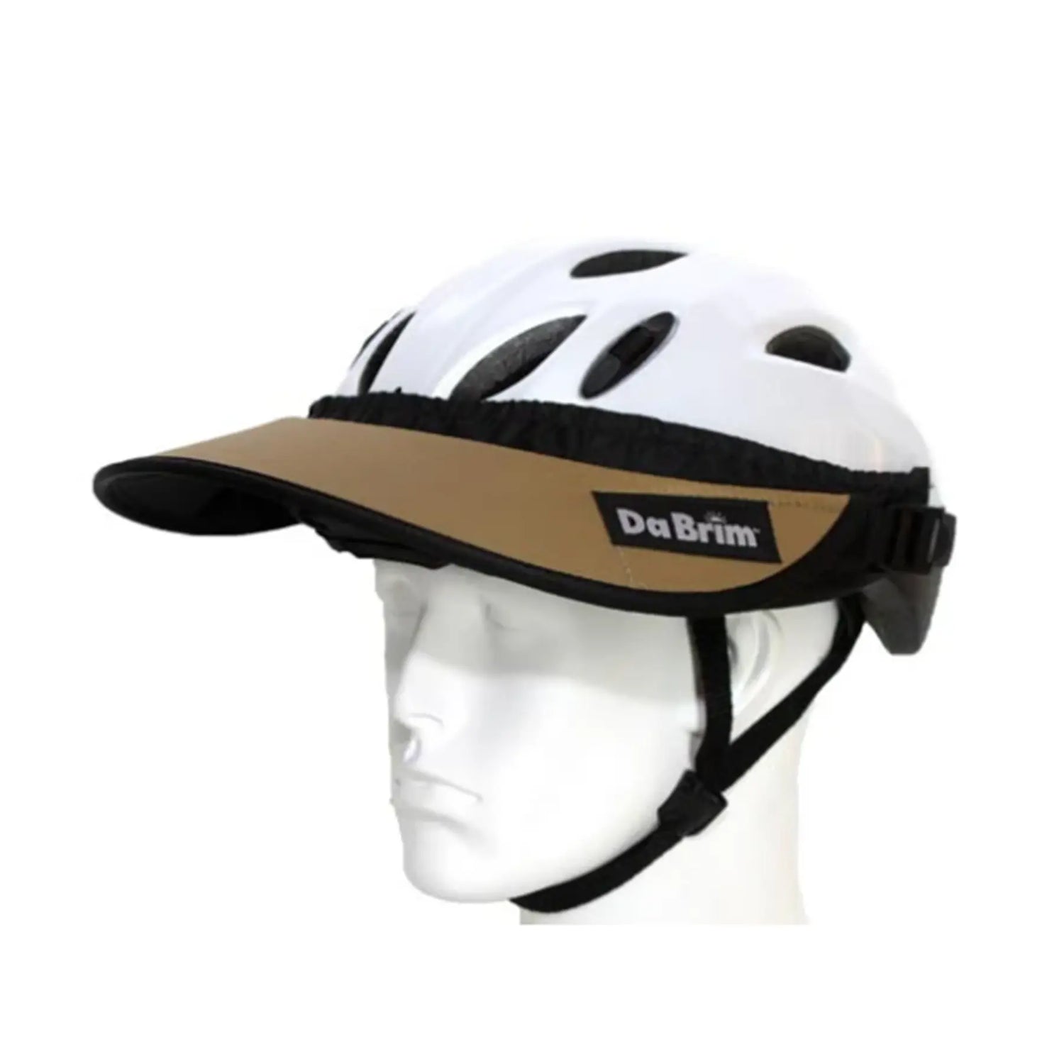 Image of a DaBrim Rezzo Helmet 3.5 inch Visor 2 Piece Set in tan on a white helmet on a white mannequin head against a white background.
