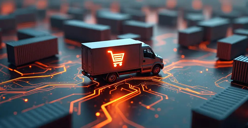 Small truck with a shopping cart icon on a digital circuit board.