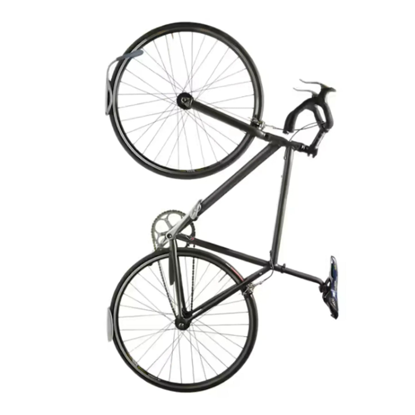 View a bike hanging on the Delta Single Bike Wall Mount Rack with Tray in Grey against a white background.