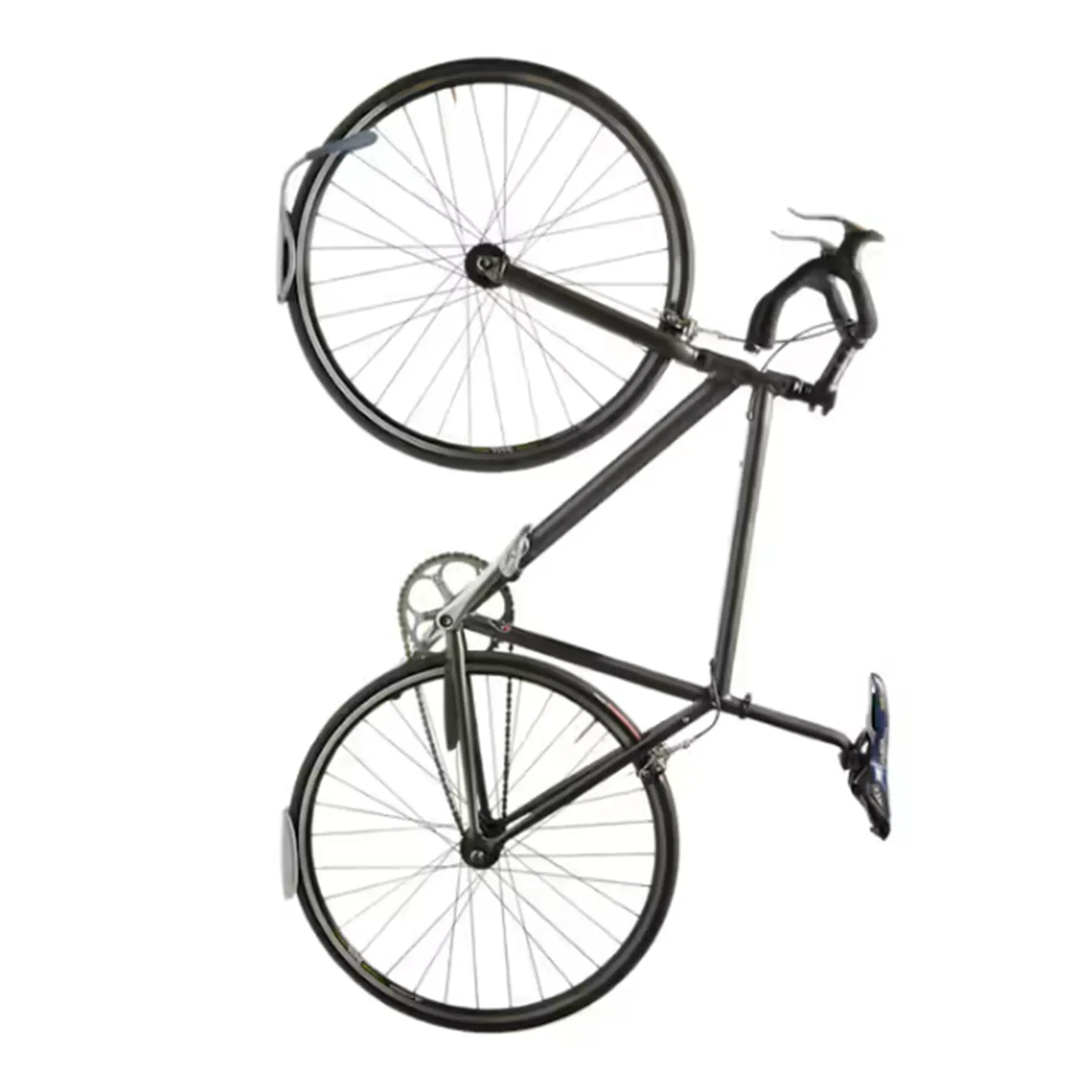 View a bike hanging on the Delta Single Bike Wall Mount Rack with Tray in Grey against a white background.
