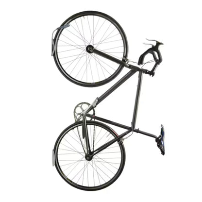 View a bike hanging on the Delta Single Bike Wall Mount Rack with Tray in Grey against a white background.