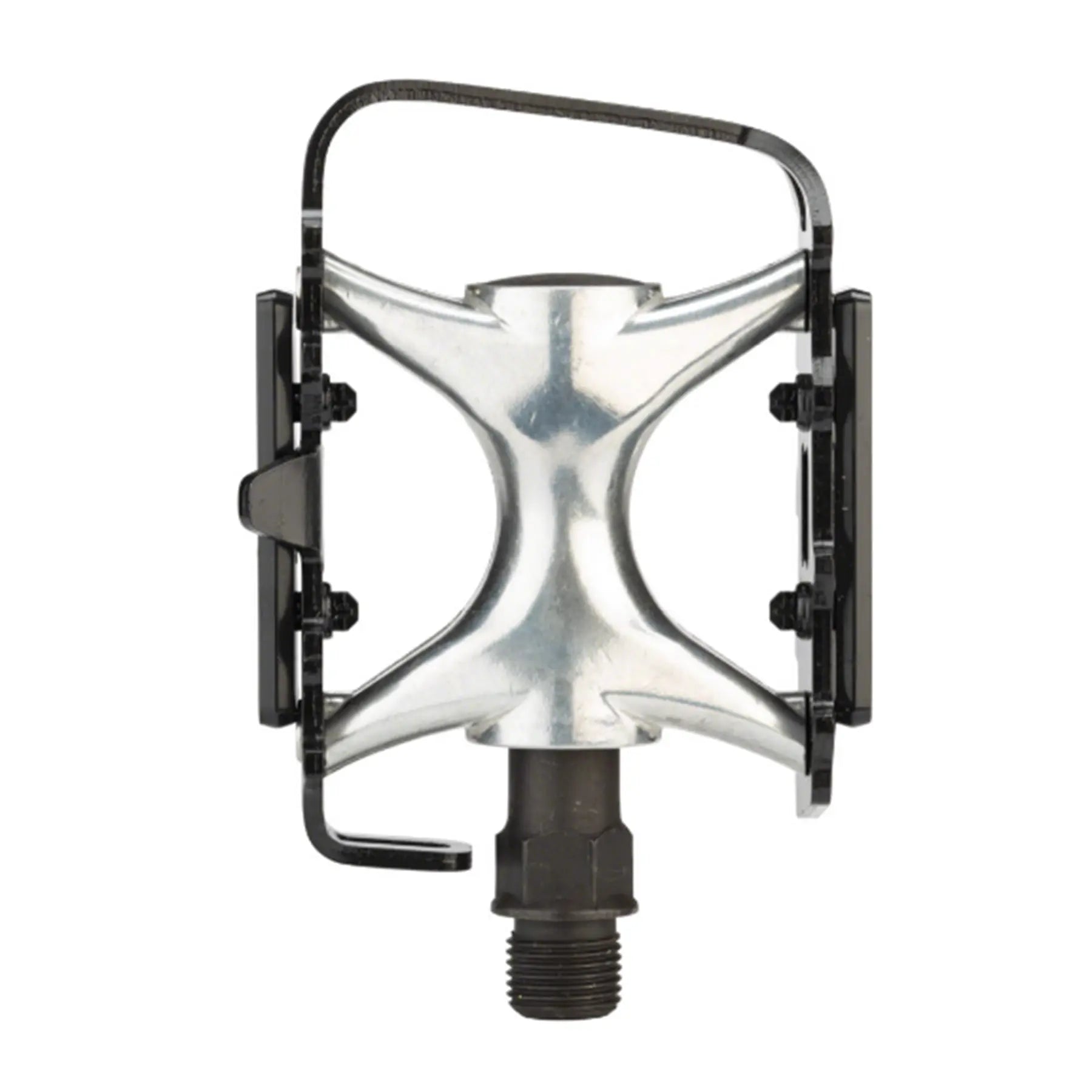 Top view of the Dimension Mountain Compe Alloy Platform Pedals in black and silver against a white background.