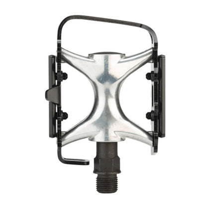 Top view of the Dimension Mountain Compe Alloy Platform Pedals in black and silver against a white background.