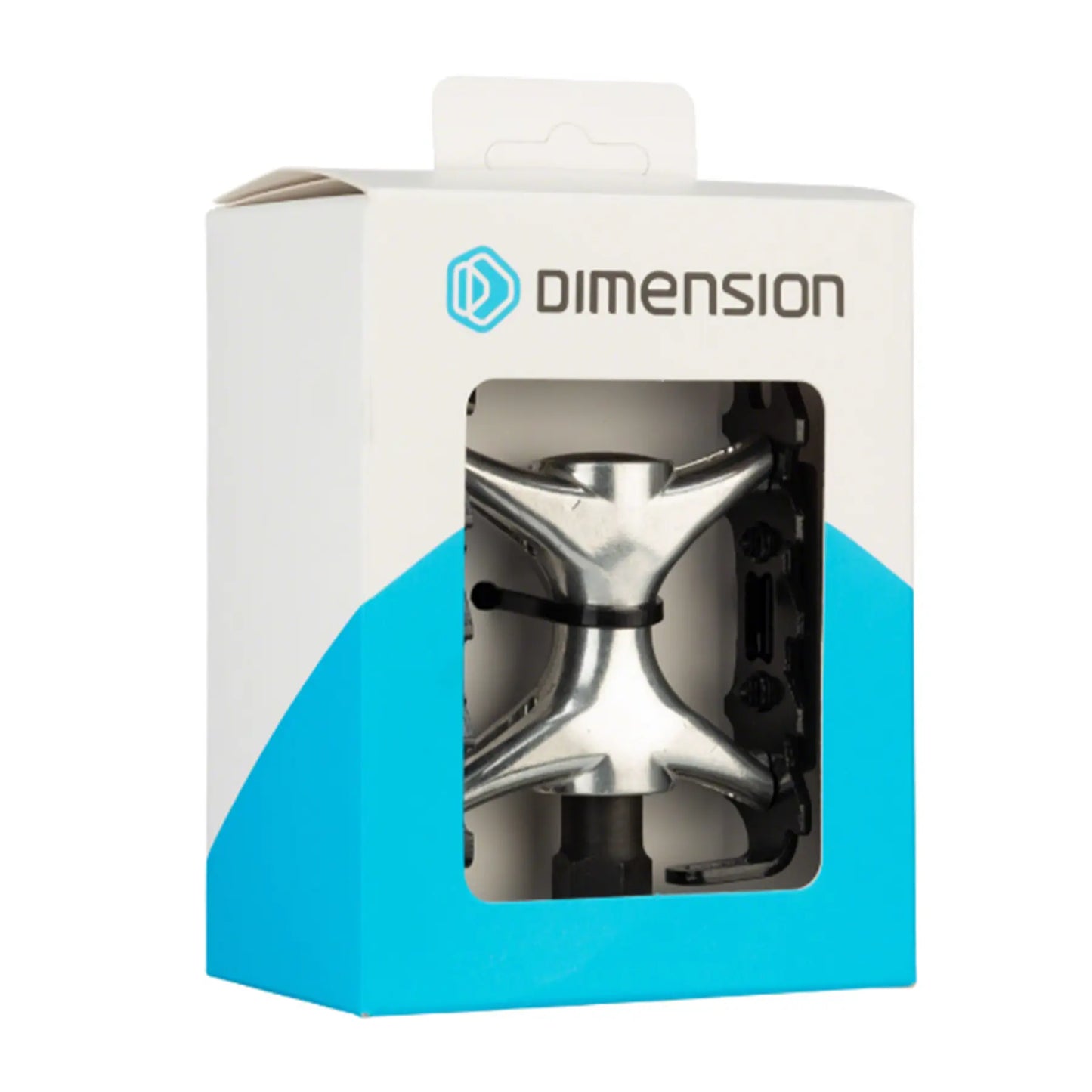 View of the Dimension Mountain Compe Alloy Platform Pedals in black and silver in a blue and white box against a white background.