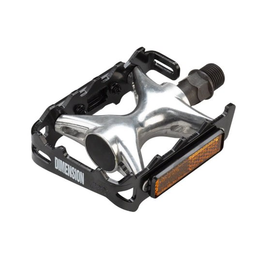 Angled view of the Dimension Mountain Compe Alloy Platform Pedals in black and silver against a white background.