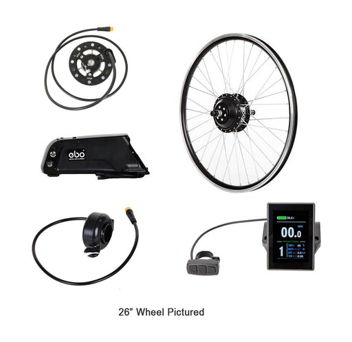 Electric Bike Outfitters Burly 24" 8 Speed 48v Kit, studio view of included compnents