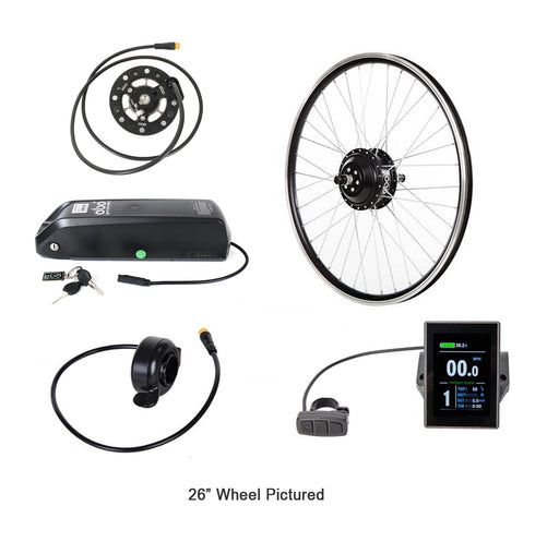 Electric Bike Outfitters Burly 26" 8 Spd 48v Kit, studio view of kit components