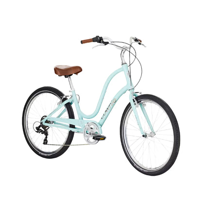 Angled side view of the Electra Townie 7D Step-Thru 26 Inch Wheeled Bike in Rain, a light blue color, against a white background.