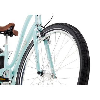 Closeup front view of the Electra Townie 7D Step-Thru 26 Inch Wheeled Bike in Rain, a light blue color, against a white background.