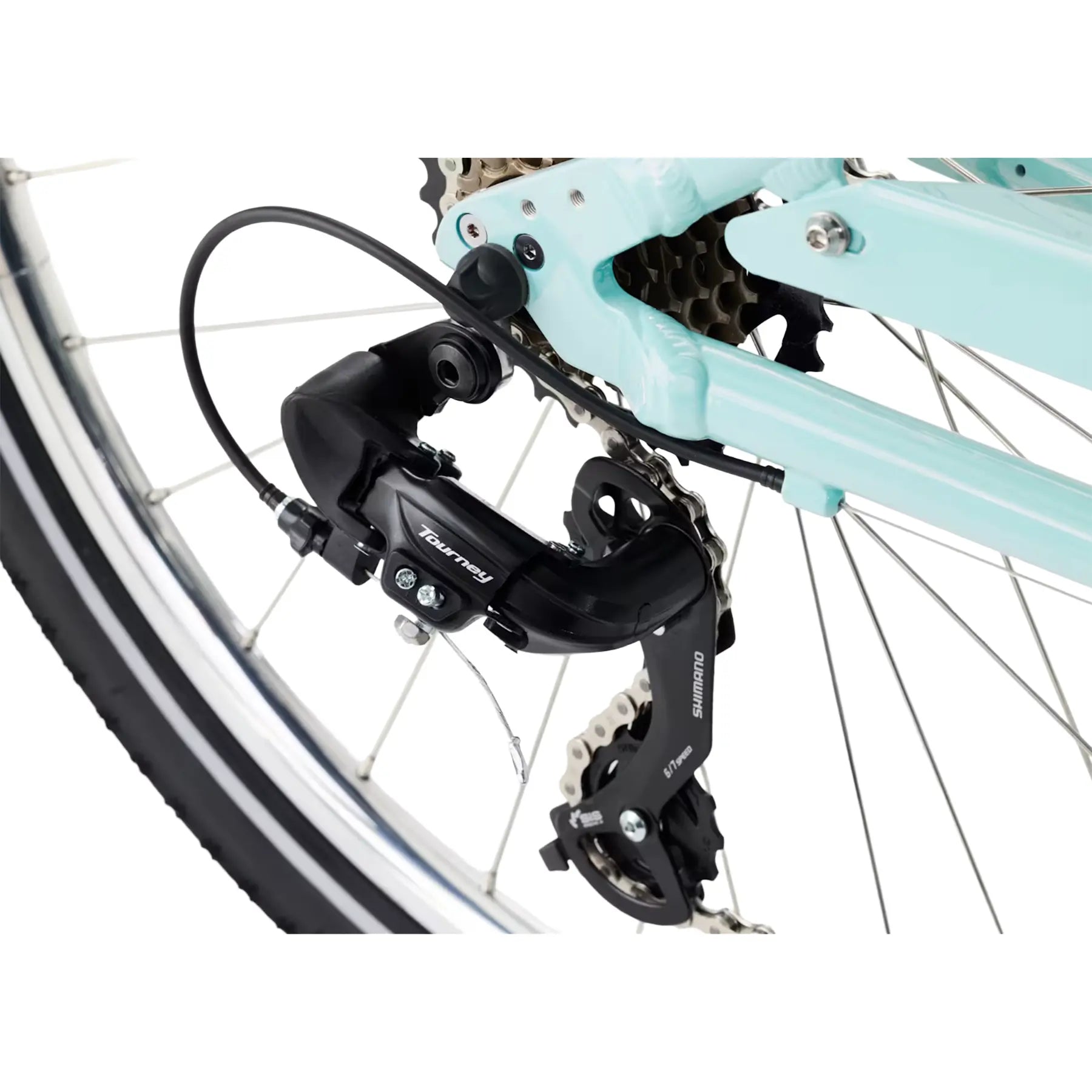 Closeup view of the rear derailleur and wheel on the Electra Townie 7D Step-Thru 26 Inch Wheeled Bike in Rain, a light blue color, against a white background.
