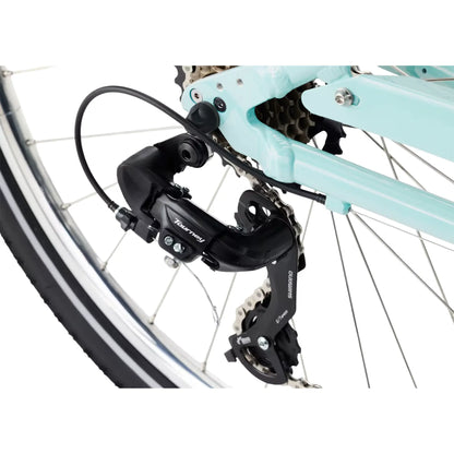 Closeup view of the rear derailleur and wheel on the Electra Townie 7D Step-Thru 26 Inch Wheeled Bike in Rain, a light blue color, against a white background.