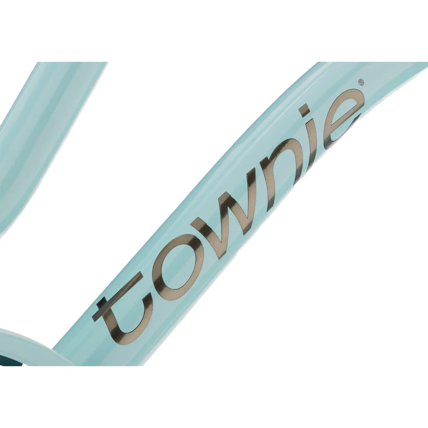 Closeup view of the frame on the Electra Townie 7D Step-Thru 26 Inch Wheeled Bike in Rain, a light blue color, against a white background.